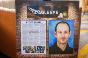 Memorial magazine display with portrait and article
